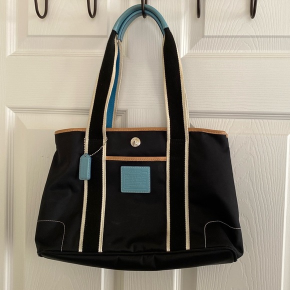 Coach Bags Coach Black Nylon Zip Top Tote Bag With Blue Leather